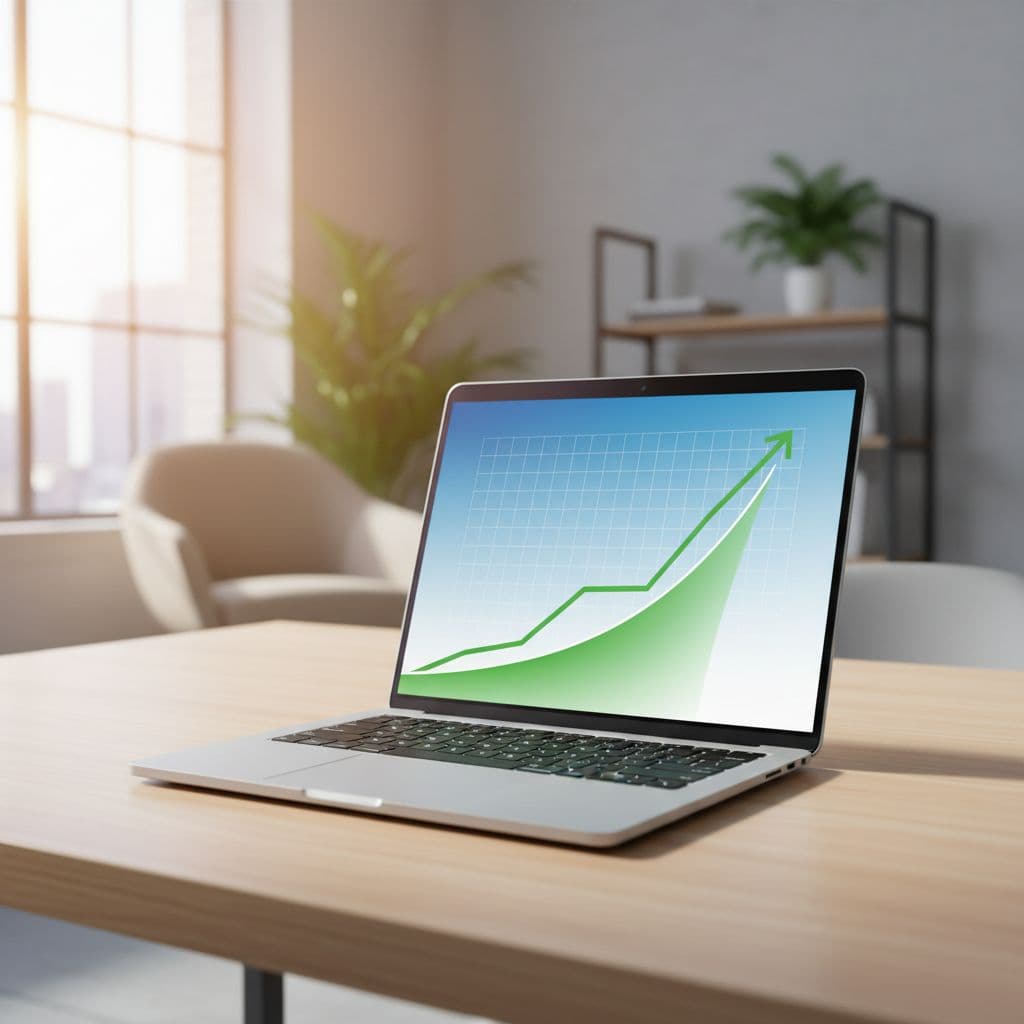 A clean laptop screen displays a simple upward-trending line chart in a bright office environment.