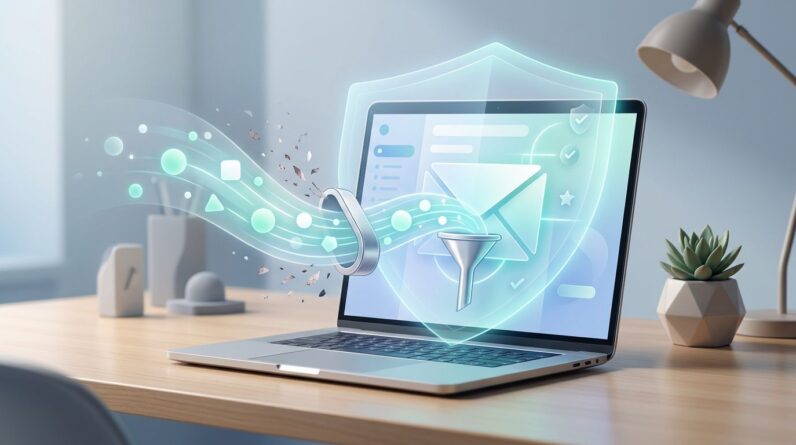 A modern laptop on a clean desk displays a glowing email dashboard with filtering graphics.