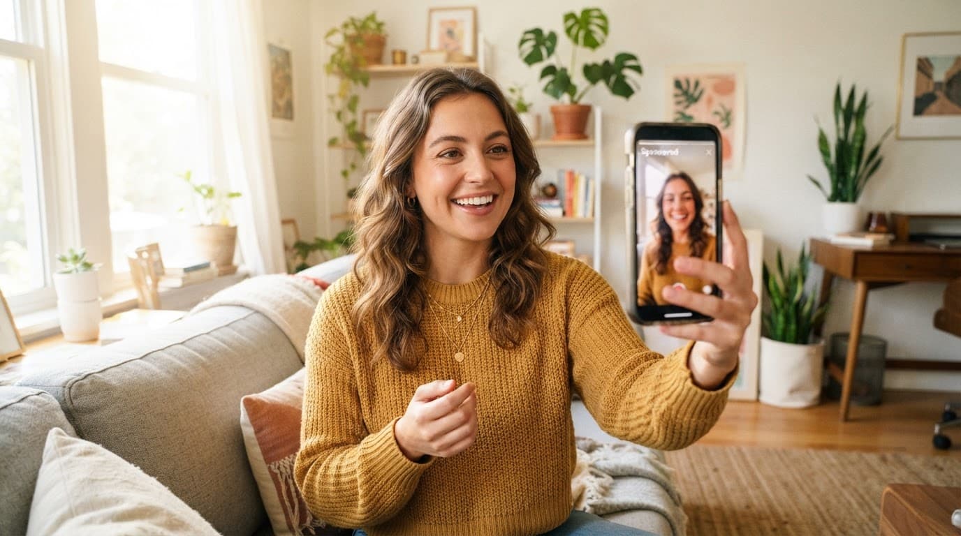 A creator films with a phone showing a Sponsored label.