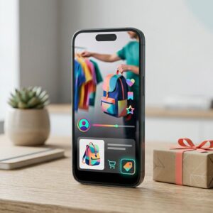 A smartphone beside an affiliate package, shopping tag, and transparent disclosure symbol.
