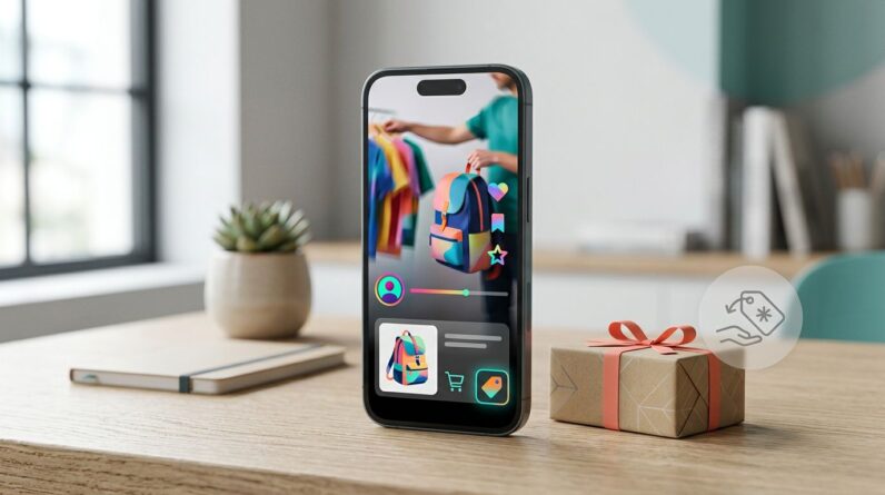 A smartphone beside an affiliate package, shopping tag, and transparent disclosure symbol.