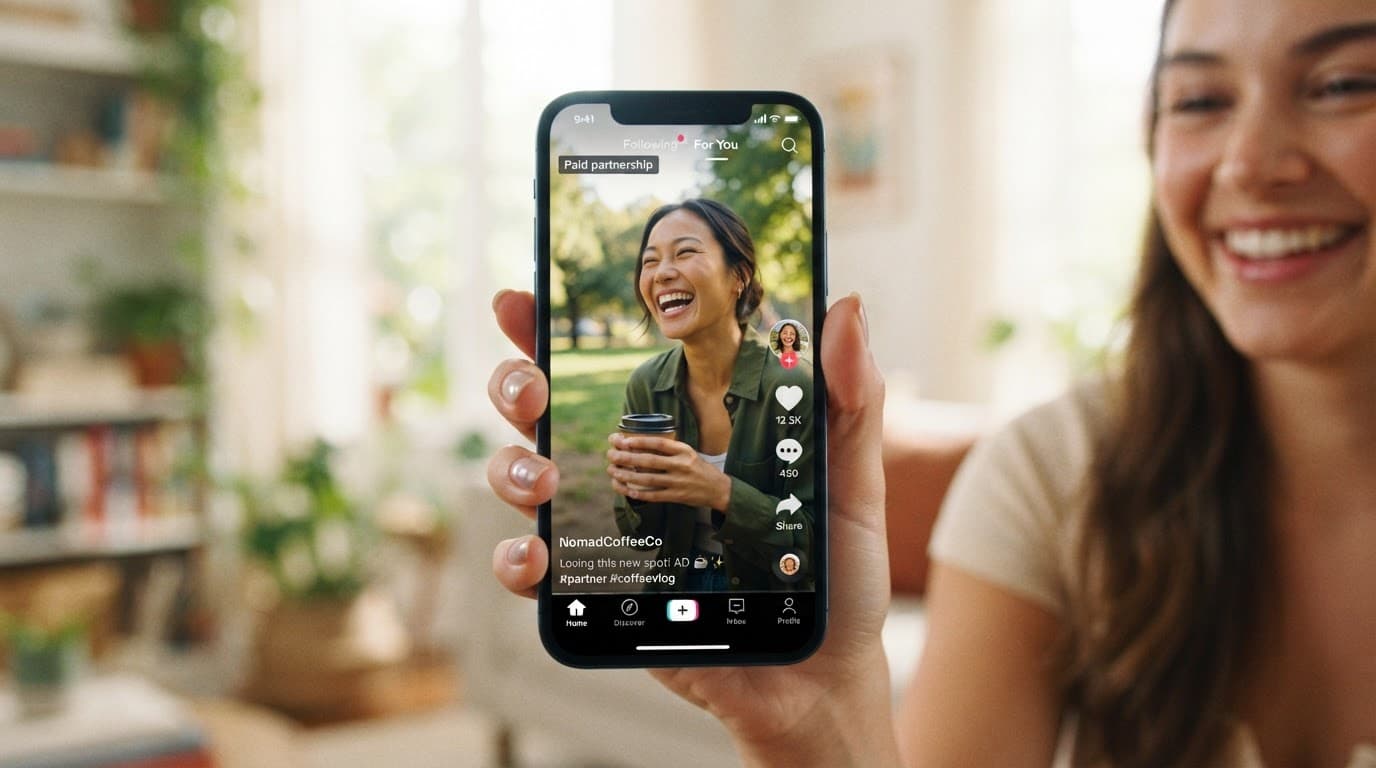 Phone screen showing a social video interface with a clear disclosure badge.